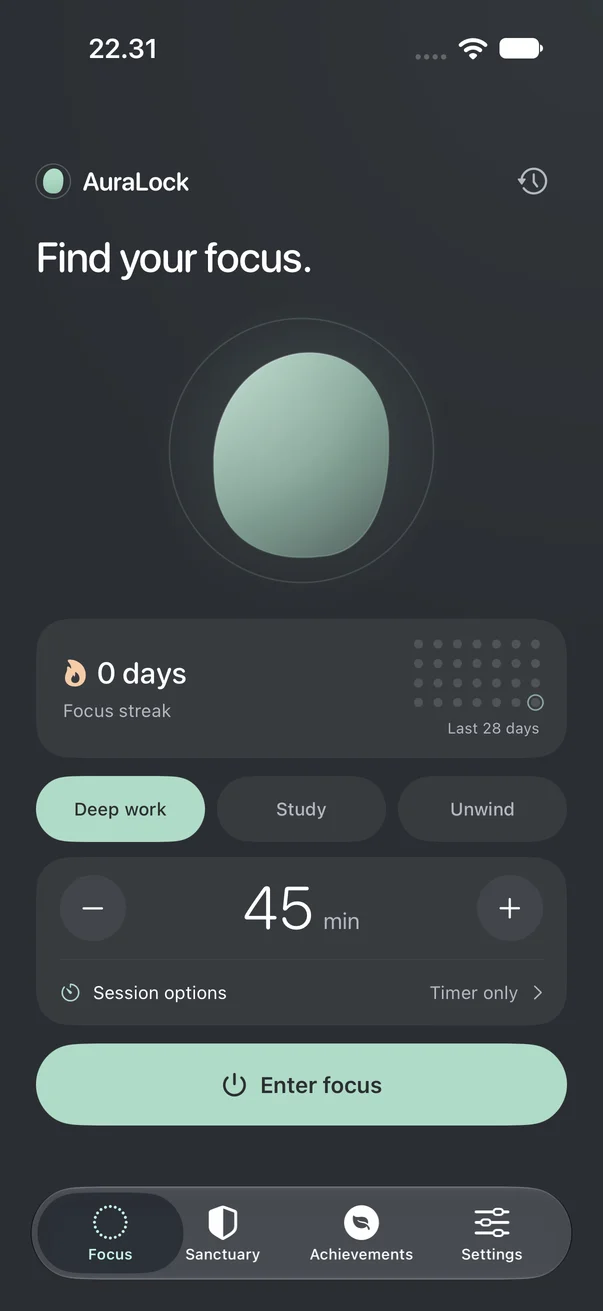 AuraLock Focus screen with a sage aura, 45-minute deep work session, and Enter focus button